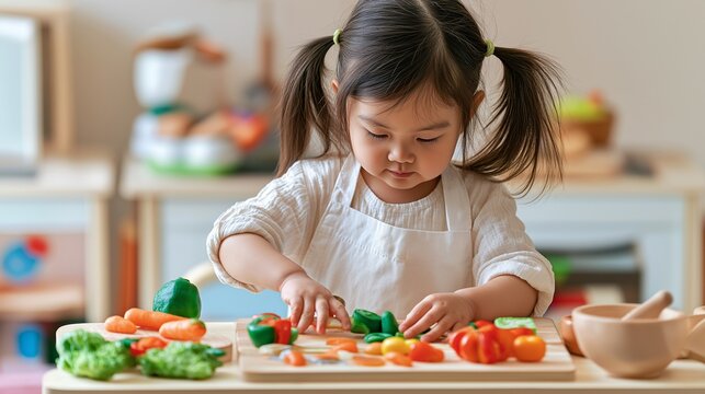 Little girl pretending to be a chef in a toy kitchen