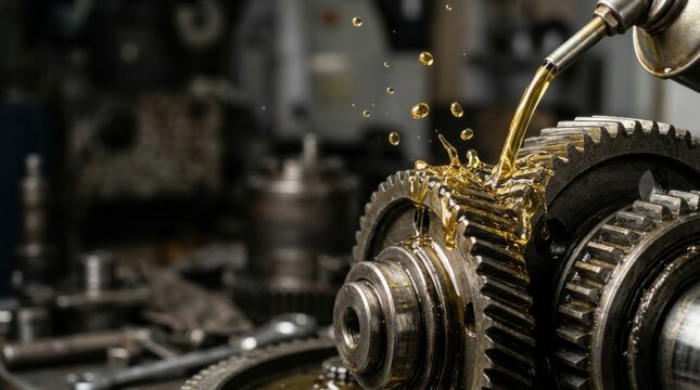 Mechanic lubricates large metal gears with oil in industrial setting