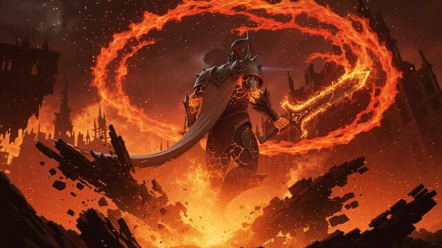 Epic fantasy warrior with flaming sword standing amid fiery ruins with glowing armor and dramatic fire effects