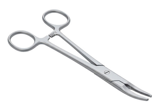 Stainless steel surgical forceps with serrated tip isolated on white background
