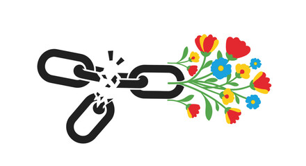 Naklejka premium Conceptual illustration of a broken chain transforming into a vibrant bouquet of flowers.