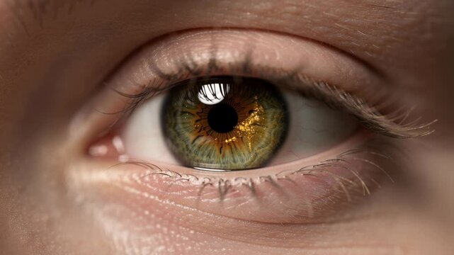 Close up of human eye with green and brown iris showing detailed textures and eyelashes