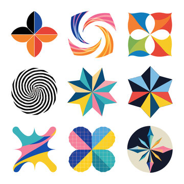 Collection of colorful geometric abstract logo icons and symmetrical design elements.