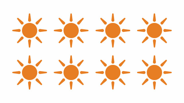 Eight orange sun icons arranged in a grid on a white background simple vector graphics sunshine solar sunbeam sunrays