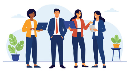 Obraz premium modern diverse business team standing together with digital devices representing corporate collaboration leadership and workplace success