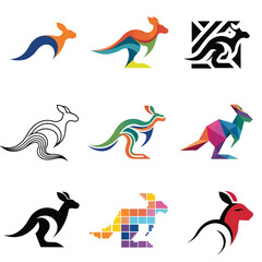Fototapeta premium Collection of Creative Kangaroo Logo Designs in Various Artistic Styles and Vibrant Colors.