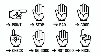 Fototapeta premium Hand Signal Icons Depicting Gestures Including Pointing Stopping And Approval In Black Line Style gesture signals pointing stop thumbs