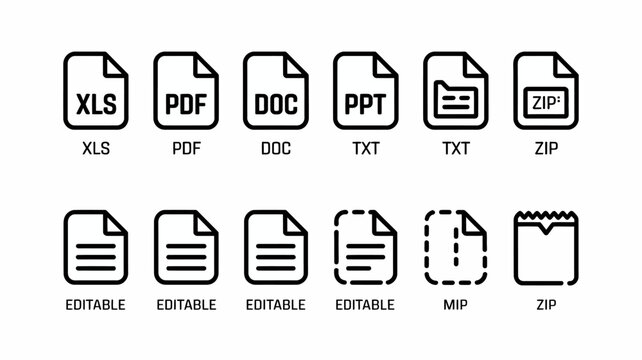 File type icons with document extensions on a white background displaying common formats xls pdf doc ppt txt zip