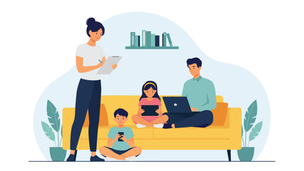 Obraz premium happy family at home flat vector illustration with parents and children using digital devices, modern living room, technology and family bonding