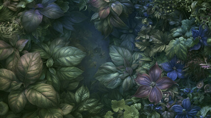Fototapeta premium Moody botanical background with dark green leaves, soft purple flowers and shadowy natural texture, ideal for wallpaper, floral design and elegant branding.