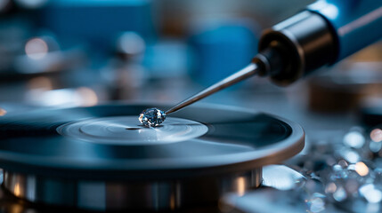 Obraz premium Close-up of a diamond being precisely shaped on a spinning polishing disk, fine sparkling detail, defocused workshop equipment in background, diamond shaping concept photography,