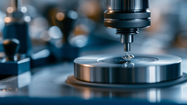 Close-up of a diamond being precisely shaped on a spinning polishing disk, fine sparkling detail, defocused workshop equipment in background, diamond shaping concept photography,