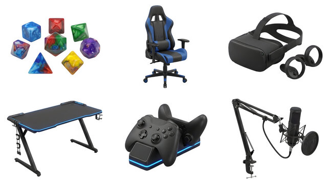 Gaming setup equipment including vr headset, controller, microphone, gaming chair, desk, and dice isolated on transparent background