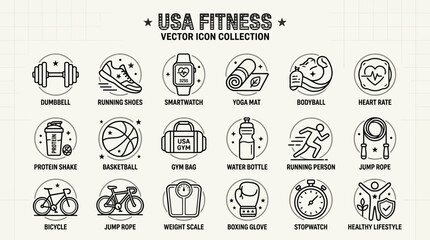 Obraz premium USA fitness icons showcase various gym equipment and sports gear for athletes