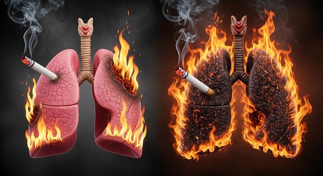 Healthy versus damaged human lungs burning from smoking with cigarette.