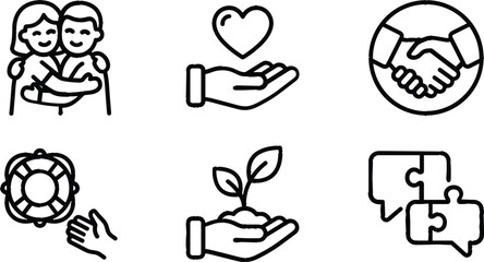 Fototapeta premium Charity community support partnership and corporate social responsibility line vector icon set