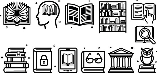 Vector black and white linear outline icon set featuring education reading concepts bookshelves open books electronic tablet and wisdom owl elements © Khairul