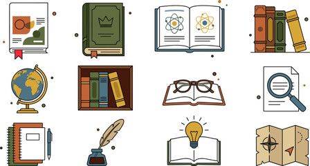Vector colorful flat line illustration set featuring vintage science books bookshelves magnifying glass globe inkwell and education learning icons collection © Khairul