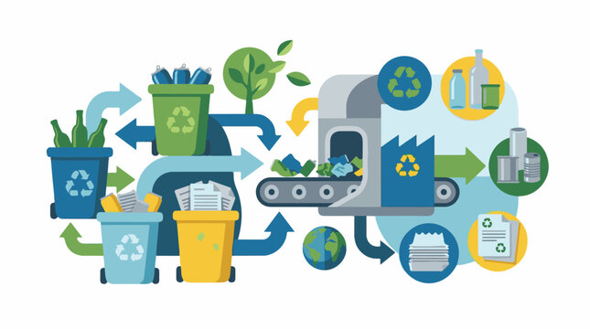 Colorful illustration depicts recycling process with bins and conveyor belt