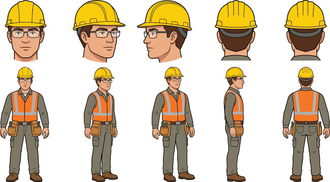Professional Clean Flat Vector Construction Worker Character Reference Sheet