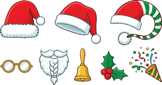Christmas Santa Claus costume accessories and holiday celebration element vector set