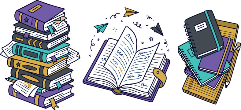 Vector black and white line art icon set featuring closed books stacked textbooks comic book bookshelf reading lamp and student desk