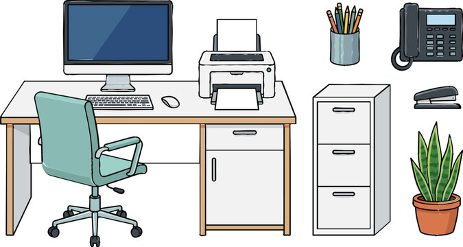 Office desk workspace with computer printer cabinet and supplies doodle vector set