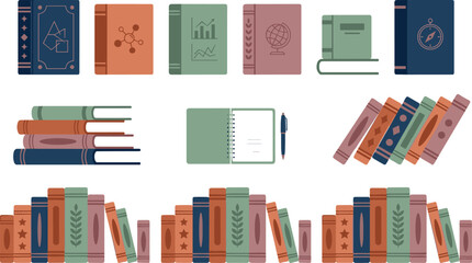 Vector colorful flat illustration set featuring vintage book covers stack of textbooks open notebook with pen and rows of library bookshelves © Khairul