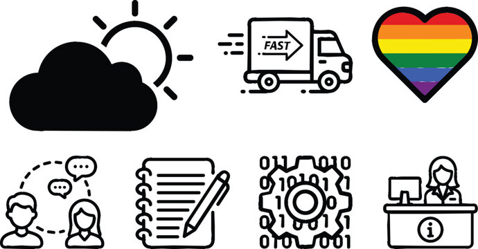 Weather forecast fast shipping lgbt pride heart and business line vector icon set