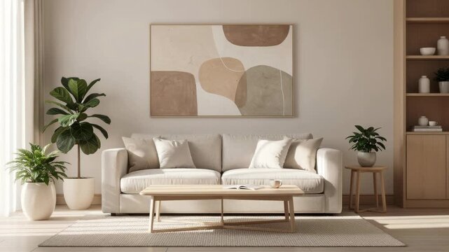 Cozy modern living room with beige sofa wooden coffee table and green houseplants in natural light