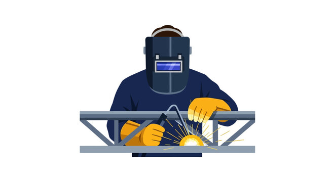 Professional Welder in Protective Gear Working on Industrial Metal Structure, Flat Vector Illustration Isolated on White Background