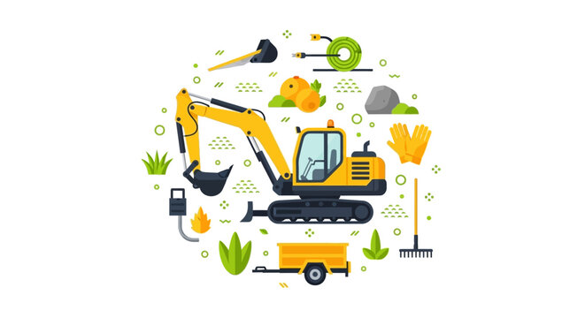 Yellow Excavator and Landscaping Equipment Vector Illustration with Gardening Tools and Construction Machinery Icons