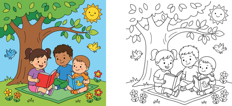 Children reading books under a tree coloring page and colored illustration vector template, cute cartoon kids sitting on a picnic mat in a park