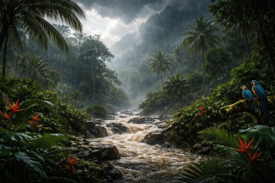 Tropical rainforest scene with two blue and yellow macaws perched on a mossy rock formation during heavy rainfall
