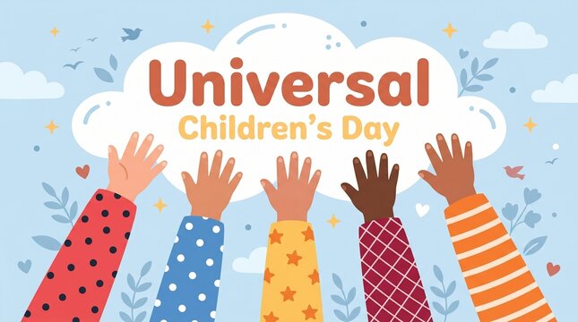 Universal Children's Day celebration banner, diverse kids hands raised in front of clouds, colorful childhood education and global unity concept