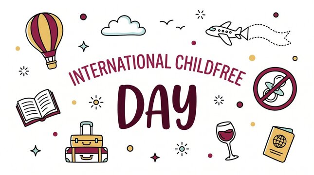 International Childfree Day banner with travel and lifestyle icons, childfree by choice concept illustration, voluntary childlessness awareness graphic