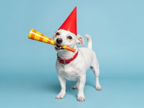 Celebratory dog with party hat and noisemaker