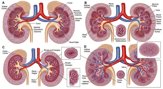 Illustrated comparison of human kidney anatomy with various tumors, cysts, and malformations