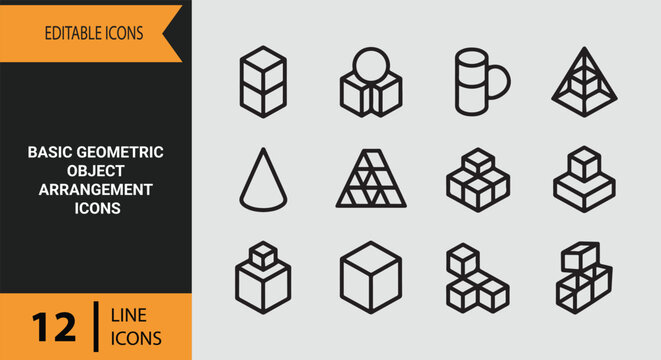 Simple basic geometric object arrangement outline icons for foundational graphic design training and shapes