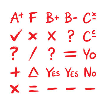 Red hand drawn school grades checkmarks crosses and question marks isolated on white background 