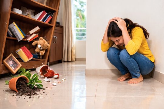 Young woman sitting on floor with her head in hands surrounded by messy room and broken items
