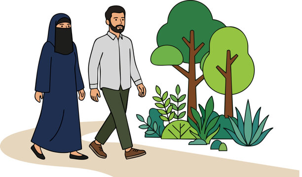 Muslim couple walking in park, traditional niqab and abaya fashion, middle eastern man and woman strolling outdoors, flat vector illustration