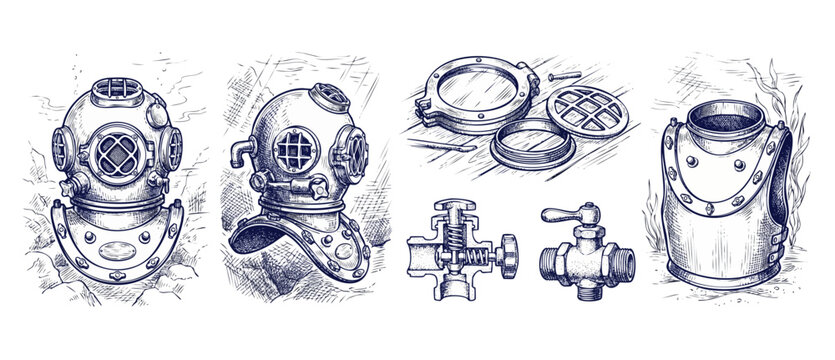 Vintage diving helmet sketch set with antique deep sea scuba gear on white background, retro marine valves, copper diving suit breastplate, and detailed underwater engraving illustration elements.