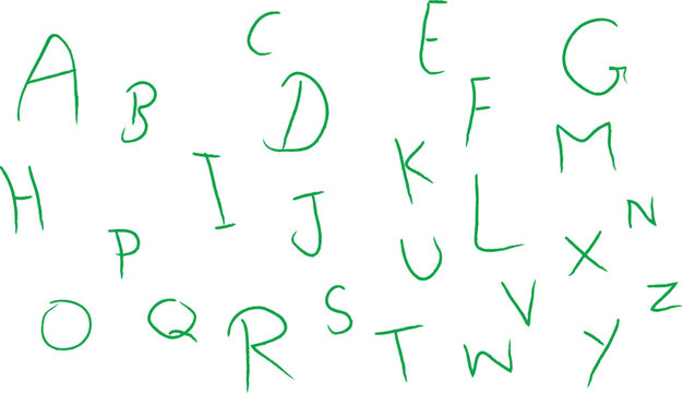 Handwritten Alphabet Letters in Green Color Scattered Randomly on White Background for Child Education School Hand Drawn Typography Layout Concepts