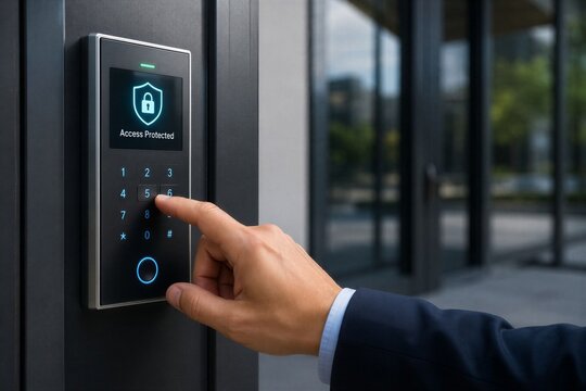 Businessman entering pin code on digital electronic door security lock