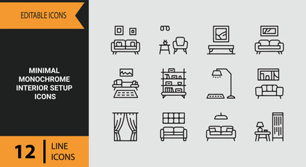 Clean minimal monochrome interior setup outline icons for modern home decor styling and architecture © MdMasudRana