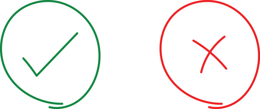 Checkmark and Crossmark Symbols Hand Drawn in Green and Red Circles isolated on White Background for True False Right Wrong Tick and Cross Evaluation Concept
