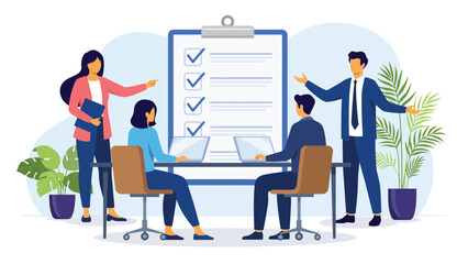 business planning meeting with task checklist management and team collaboration in modern office workspace illustration © Mushtaq