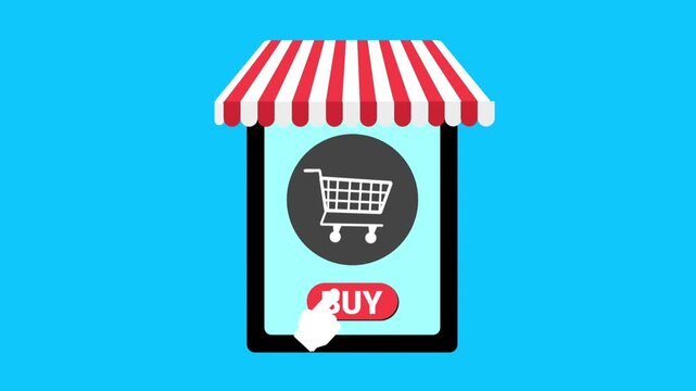 Flat animation of a hand clicking a buy button on a smartphone retail storefront concept against a solid blue background.