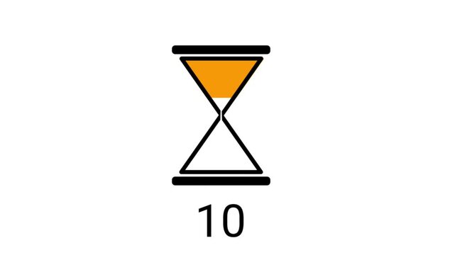 Minimalist hourglass rotates and counts down from ten to zero with yellow sand falling against a clean white background.